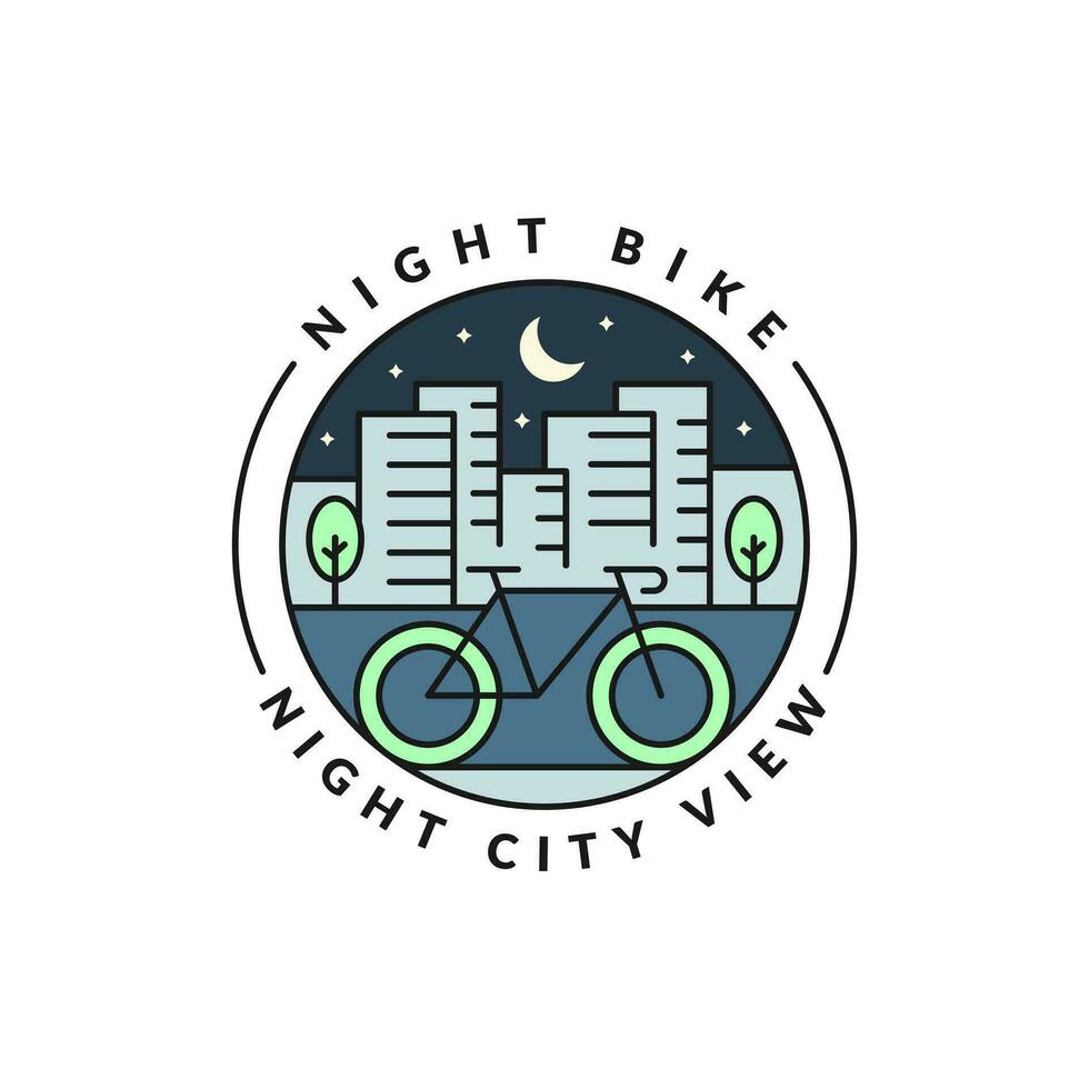 wielersport Bij nacht in de stad insigne vector illustratie. stad en fiets monoline of lijn kunst stijl. ontwerp kan worden voor t-shirts, sticker, het drukken behoeften