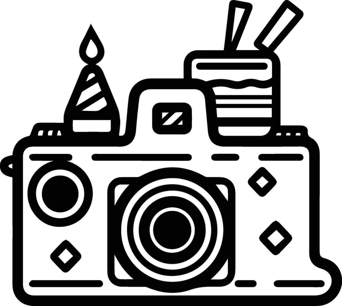 camera Bij verjaardag partij logo in vlak lijn kunst stijl vector