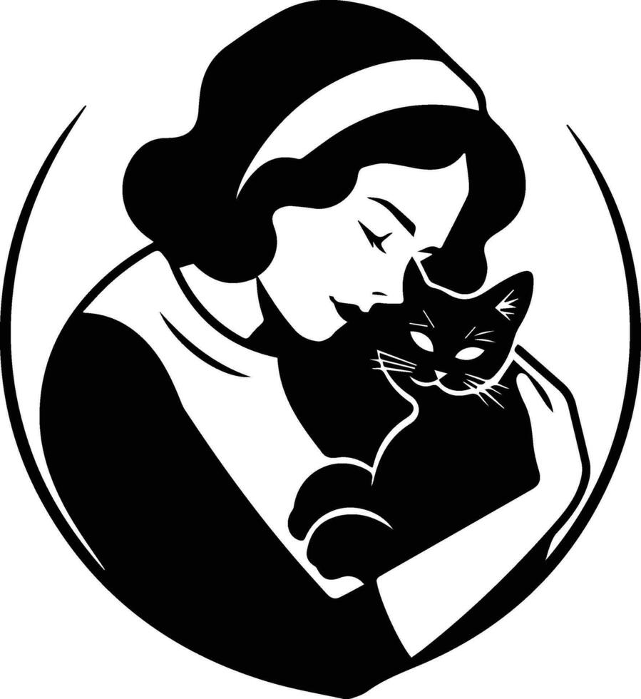 vrouw en kat logo in dier kliniek concept in vlak lijn kunst stijl vector