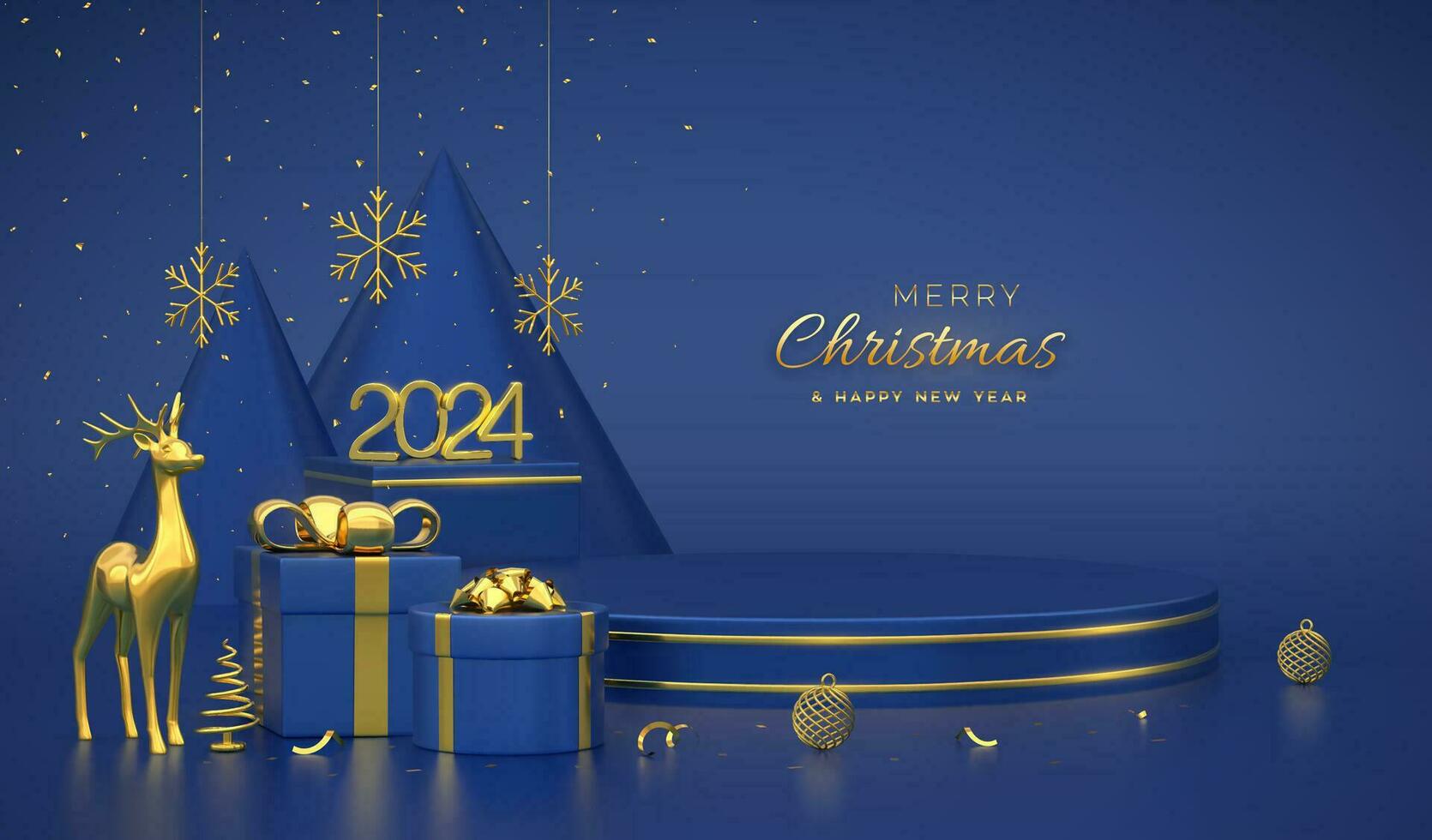 Kerstmis tafereel en 3d ronde platformen Aan blauw achtergrond. 3d gouden getallen 2024. blanco voetstuk met hert, schijnend sneeuwvlokken, ballen, geschenk dozen, goud metalen ijshoorntje vorm pijnboom, net bomen. vector. vector