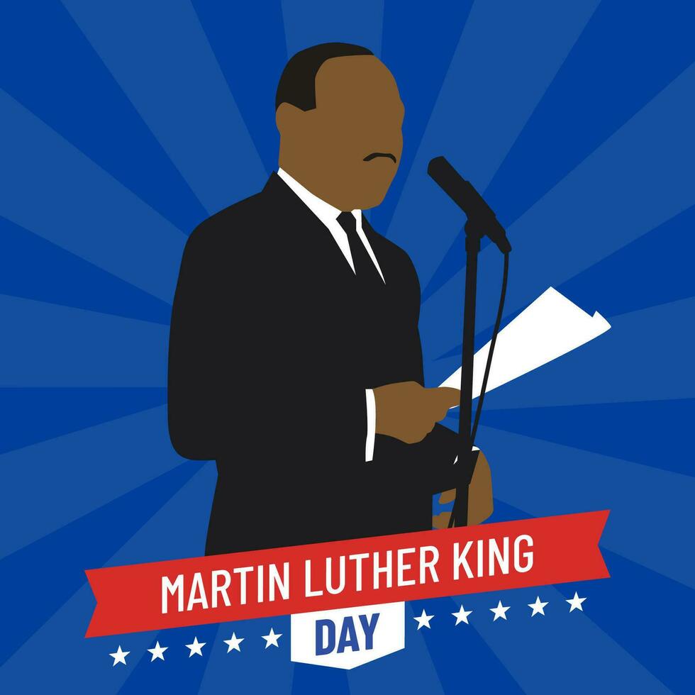 Martin Luther koning dag geleverd een toespraak met een blauw achtergrond, gebruik makend van een rood lint en wit tekst. geschikt voor poster en achtergrond vector
