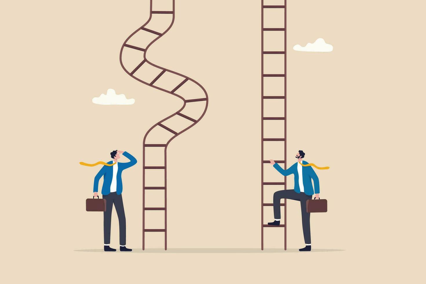 carrière ladder uitdaging, moeilijkheid stap groei, verschillend baan kans of ambitie, beklimming ladder met hindernis concept, zakenlieden over naar beklimmen omhoog gemakkelijk en moeilijk carrière ladder. vector