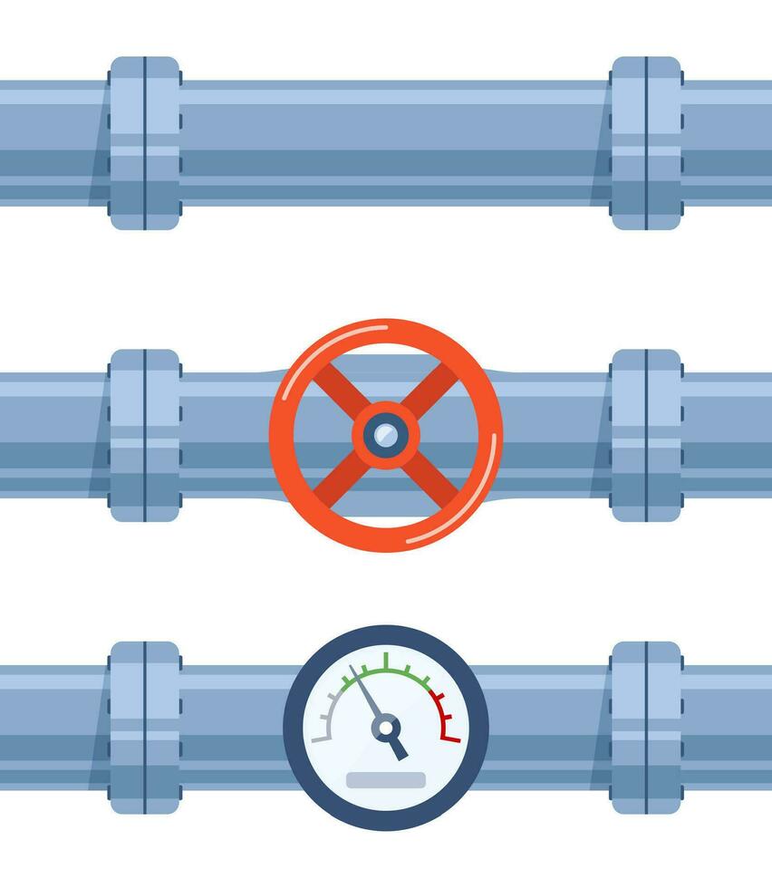 pijp van water met klep en meter van druk. pijp elementen. systeem van pijpleiding met klep en manometer voor industrie. bouw van staal buis. vector illustratie.