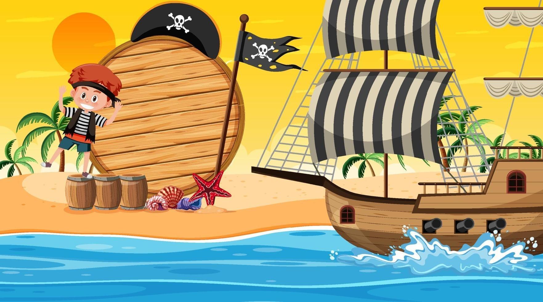 lege bannersjabloon met een piratenjongen bij de strandzonsondergang vector
