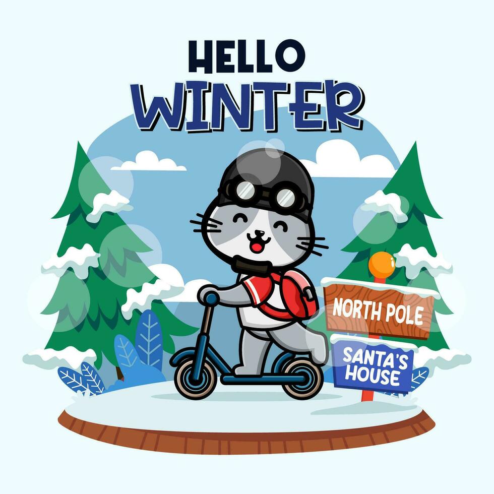 schattig kat bevrijden trap scooter in winter seizoen vector
