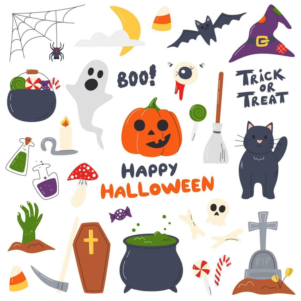 halloween feestelijk elementen reeks geïsoleerd. oktober traditioneel spookachtig symbolen verzameling. schattig karakter en viering handgeschreven belettering afdrukken. griezelig seizoen hand- getrokken vlak vector illustratie