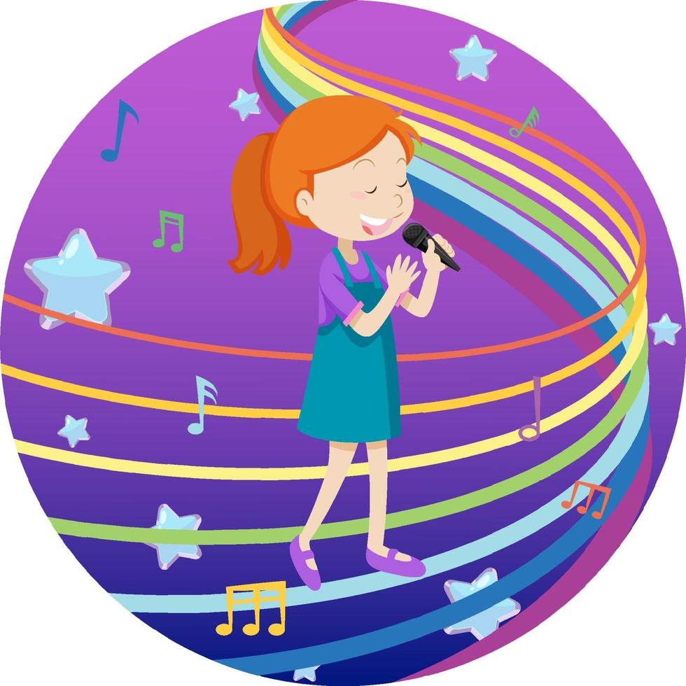 meisje zingt met regenboogmelodie op paarse achtergrond met kleurovergang vector