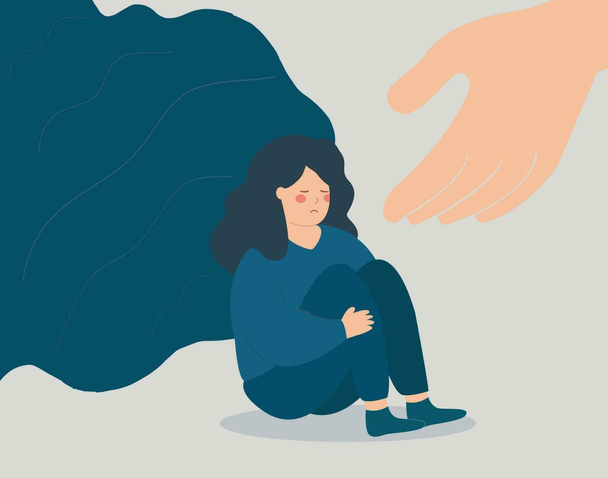 een hand- helpt een vrouw naar krijgen ontdoen van spanning en depressie. verdrietig meisje behoeften steun, en zorg ten gevolge naar psychologisch problemen. vrouw tiener- huilen haar gezicht. mentaal Gezondheid wanorde en goddelijk helpen concept vector