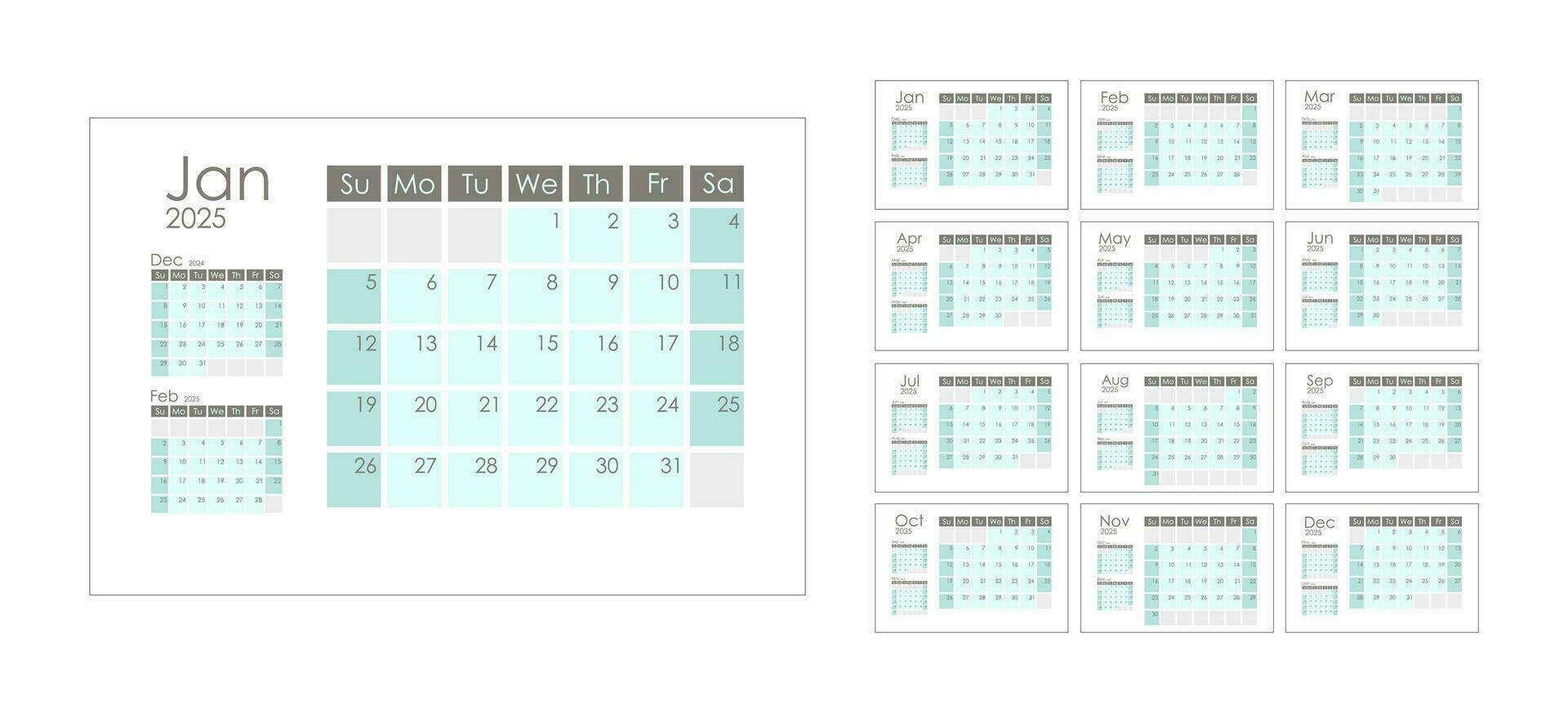 kalender 2025 sjabloon. week begint Aan zondag. met vorige en De volgende maand miniatuur. grafisch ontwerp. vector illustratie.