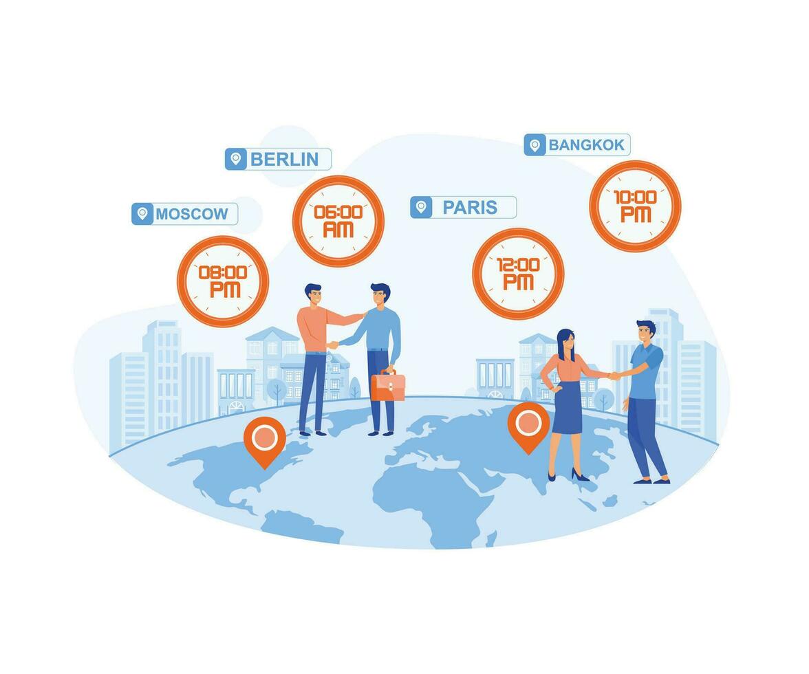 tijd zones in wereld. klokken tonen lokaal tijdzone. Internationale tijd en datum. klein mensen bedrijf wereldwijd. vlak vector modern illustratie