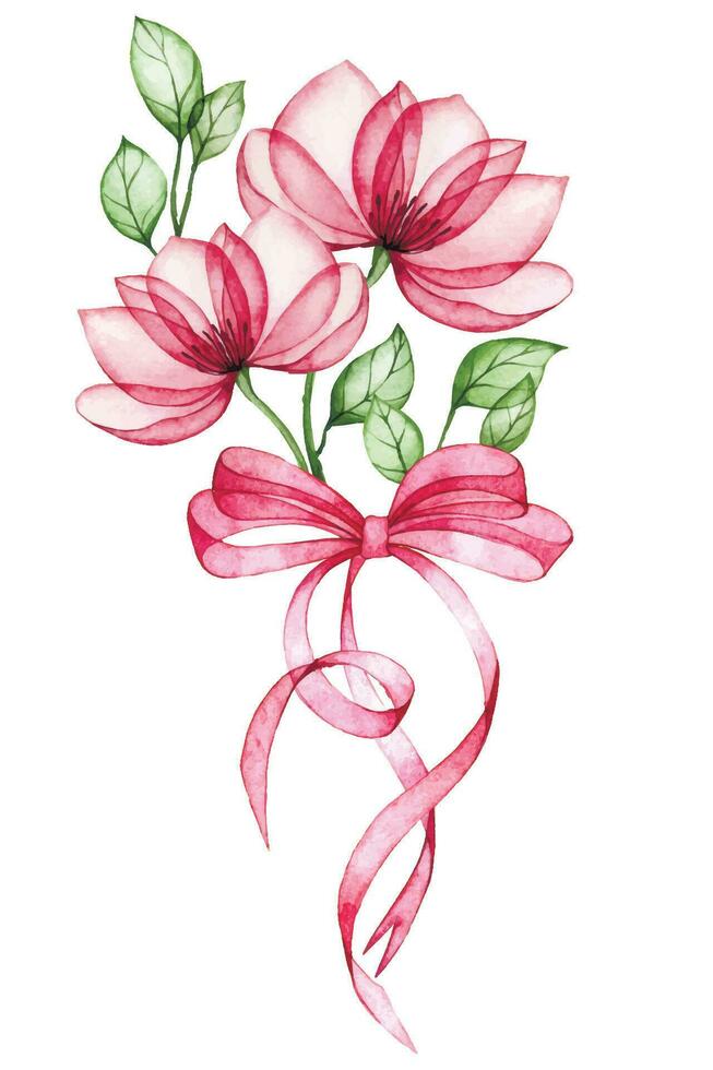 waterverf tekening roze lint en bloemen. symbool van de strijd tegen borst kanker. mooi samenstelling met roze bloemen en lint vector