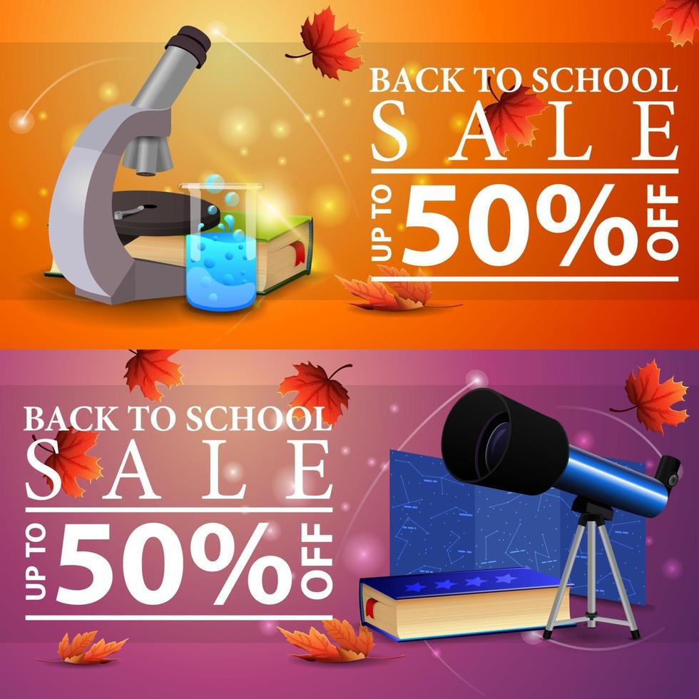 terug naar school-uitverkoop, twee horizontale kortingsbanners vector