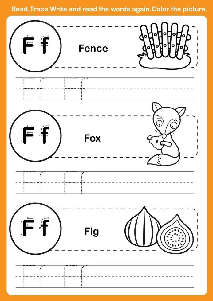 alfabetoefening met cartoonwoordenschat voor kleurboek vector