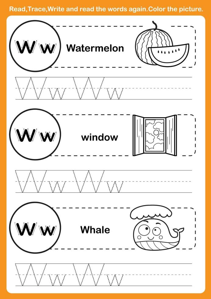 alfabetoefening met cartoonwoordenschat voor kleurboek vector
