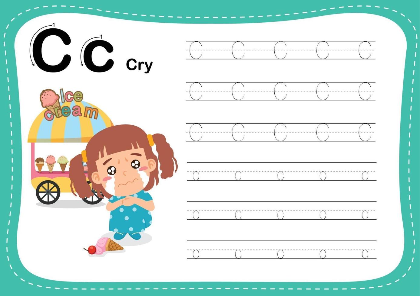 alfabet letter c - huiloefening met geknipte woordenschat voor meisjes vector