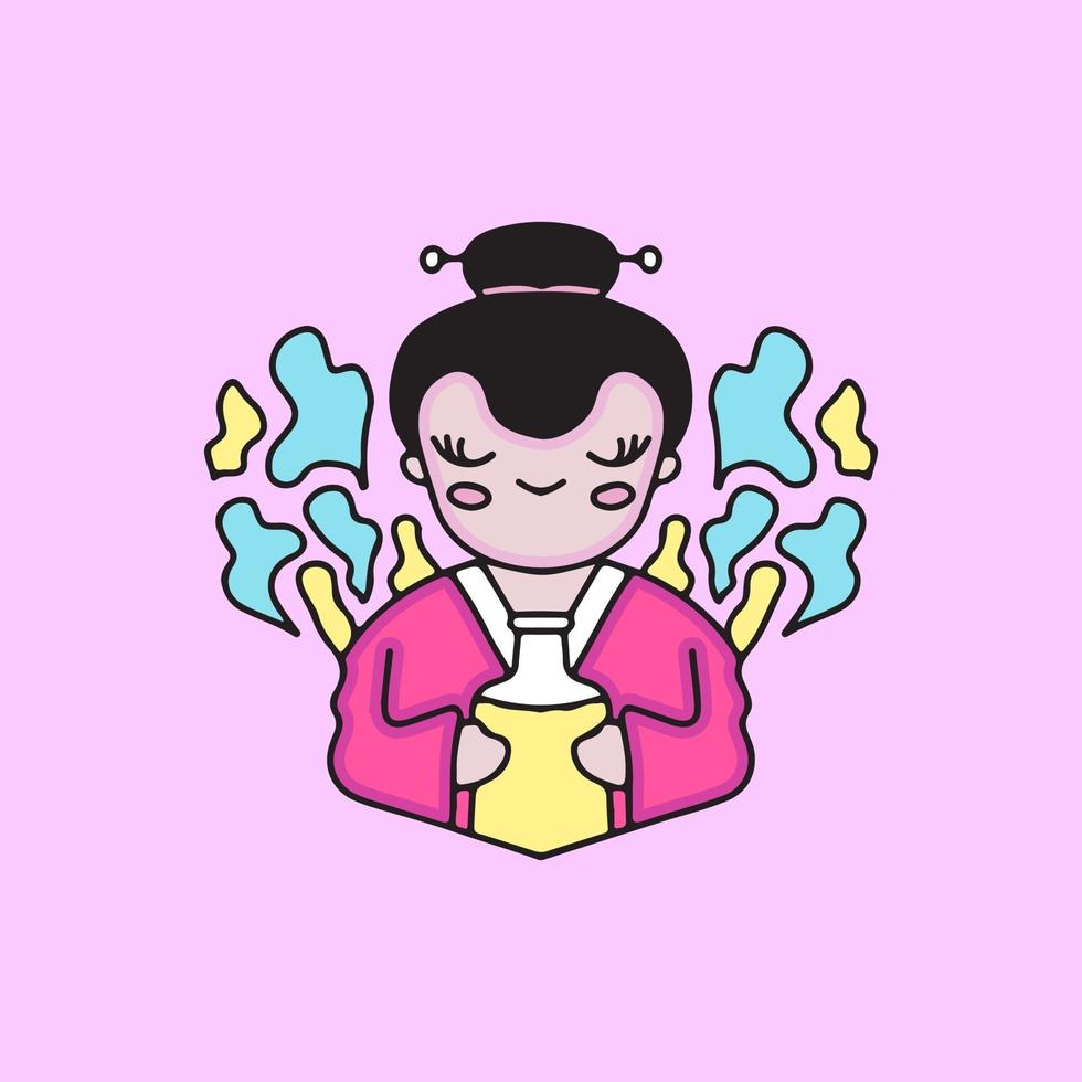 geisha met drankje. cartoon afbeelding. vector