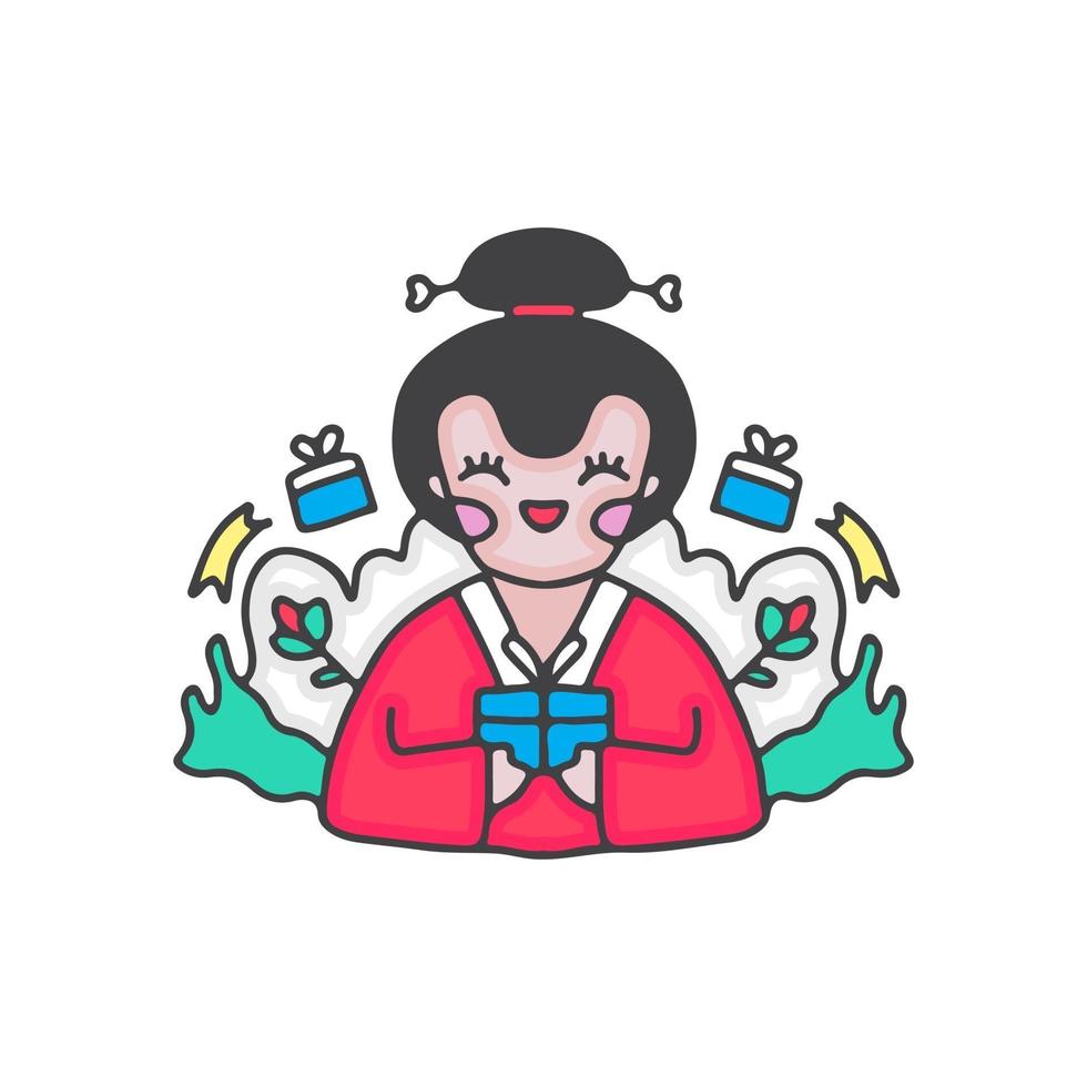 schattige geisha met geschenkdoos. cartoon afbeelding. vector