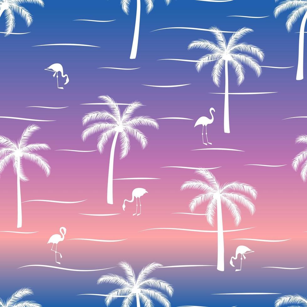 palmbomen en flamingo op de zonsondergang. vector