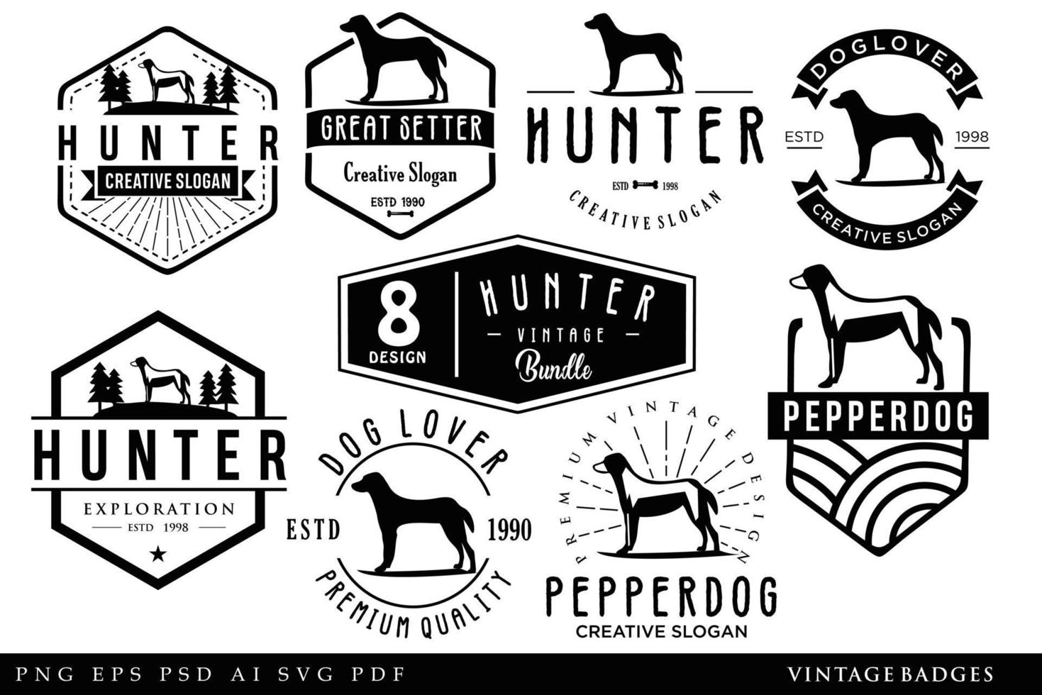 set van hond vintage logo silhouet retro zwarte illustratie hipster vector