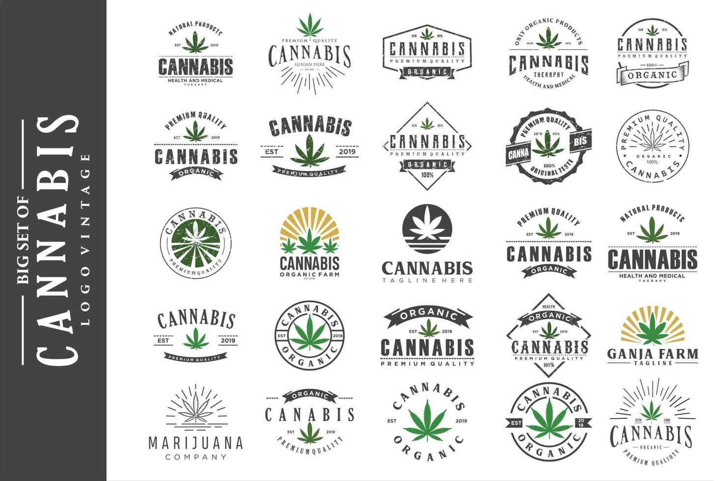 set vintage marihuanablad hennep cannabis logo embleem en badge vector