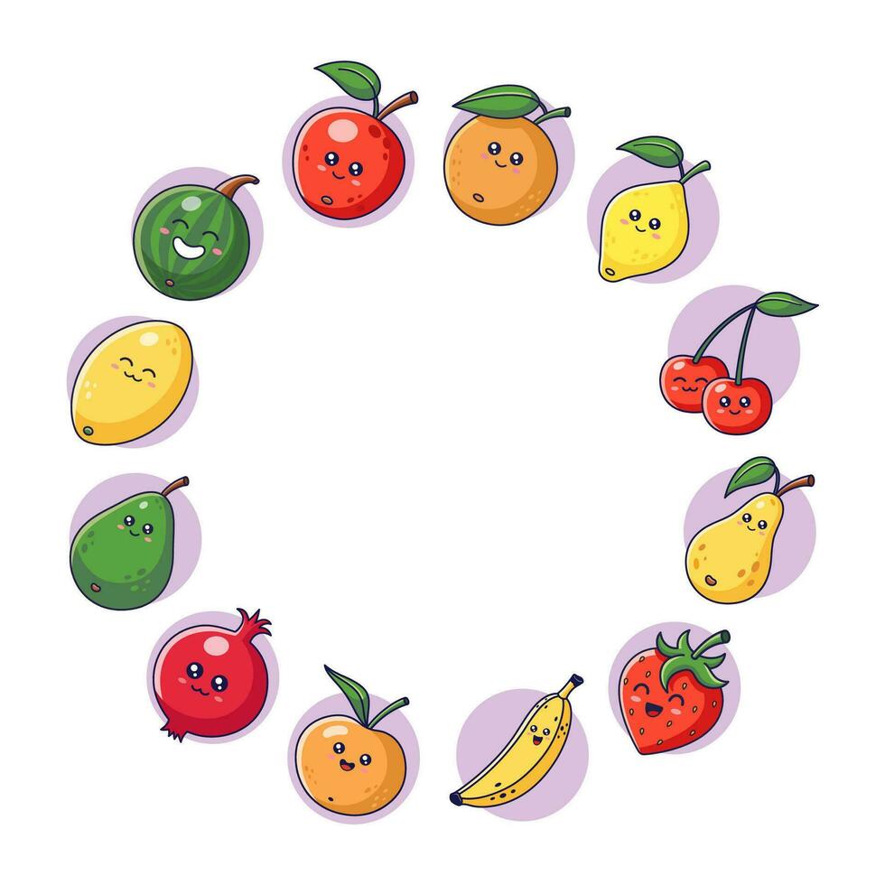 schattig kawaii fruit reeks in tekenfilm stijl. fruit verzameling. fruit pictogrammen, stickers, mascottes. fruit karakters. circulaire kader sjabloon. vector illustratie geïsoleerd Aan wit achtergrond.