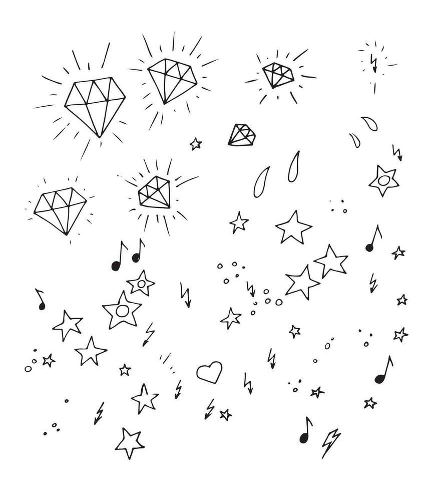 een tekening van een diamant en sterren met muziek- aantekeningen vector