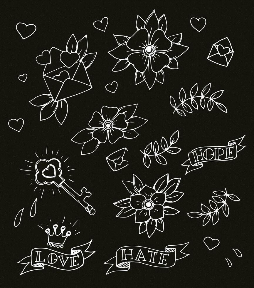 een reeks van doodles met bloemen en harten vector