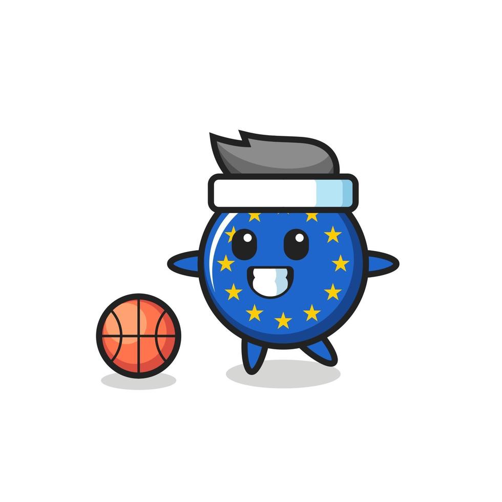 illustratie van europa vlag badge cartoon speelt basketbal vector