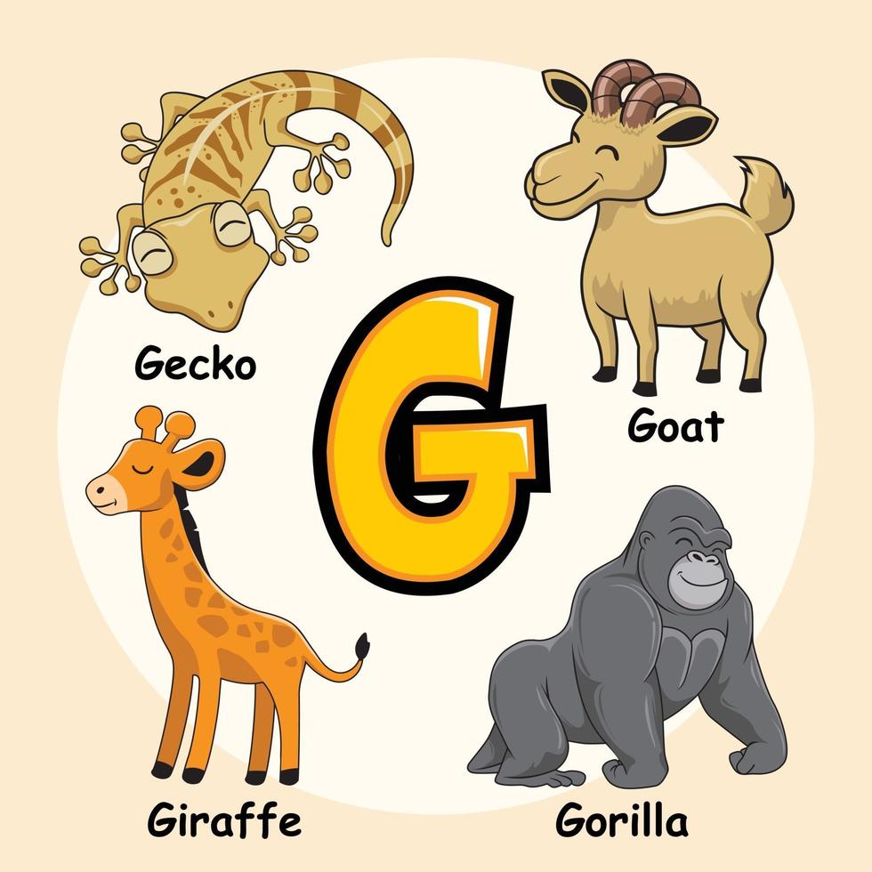 dieren alfabet letter g voor giraffe gorilla gekko geit vector