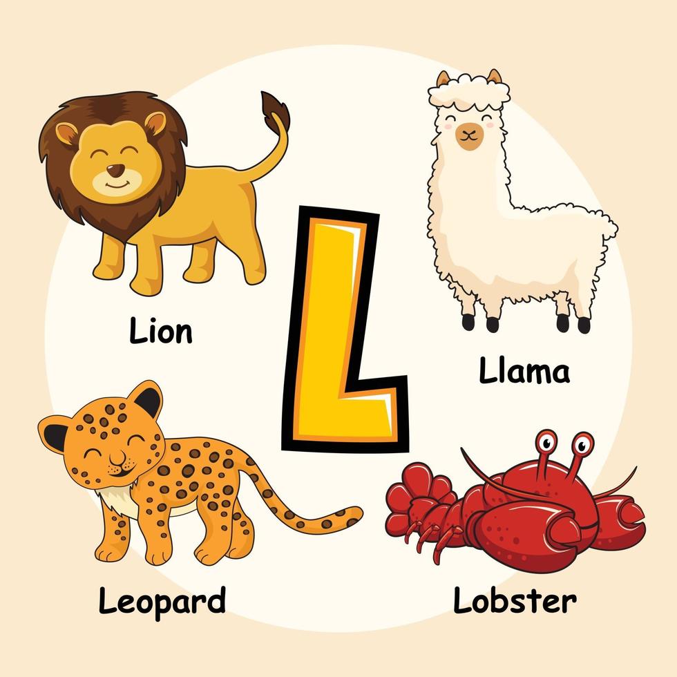 dieren alfabet letter l voor leeuw kreeft luipaard lama vector