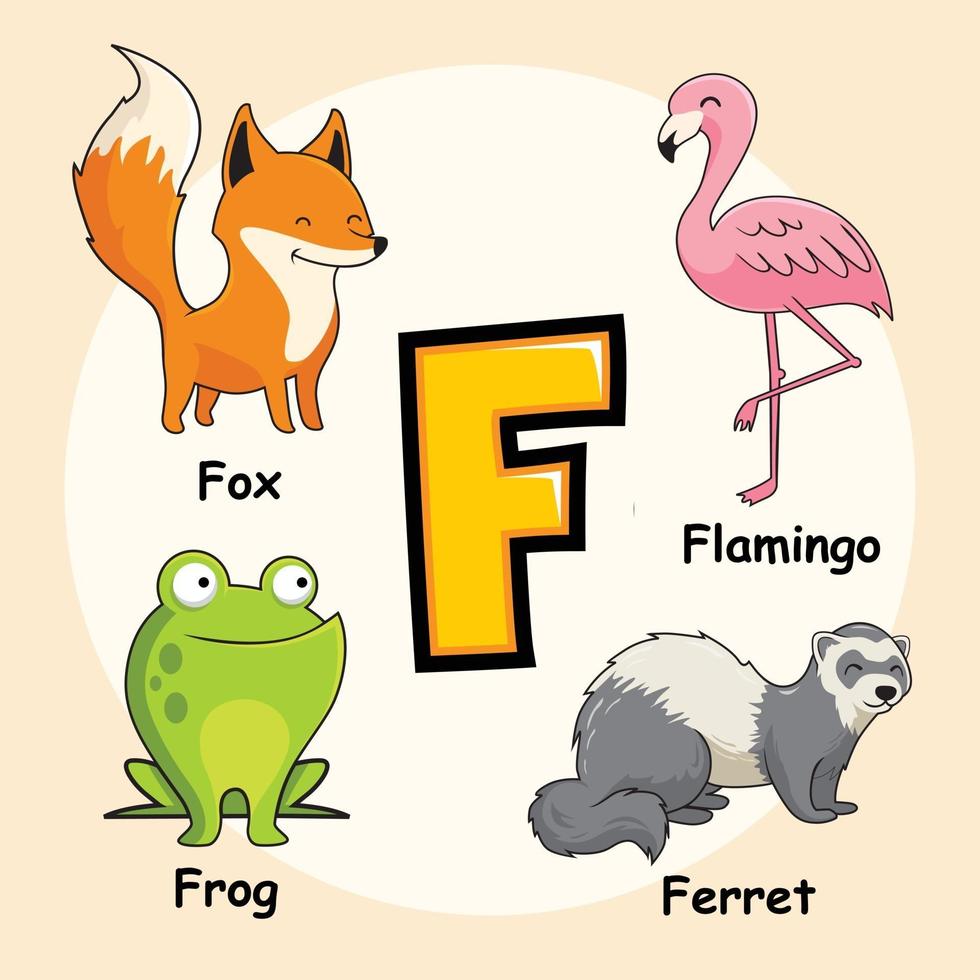 dieren alfabet letter f voor vos flamingo kikker fret vector