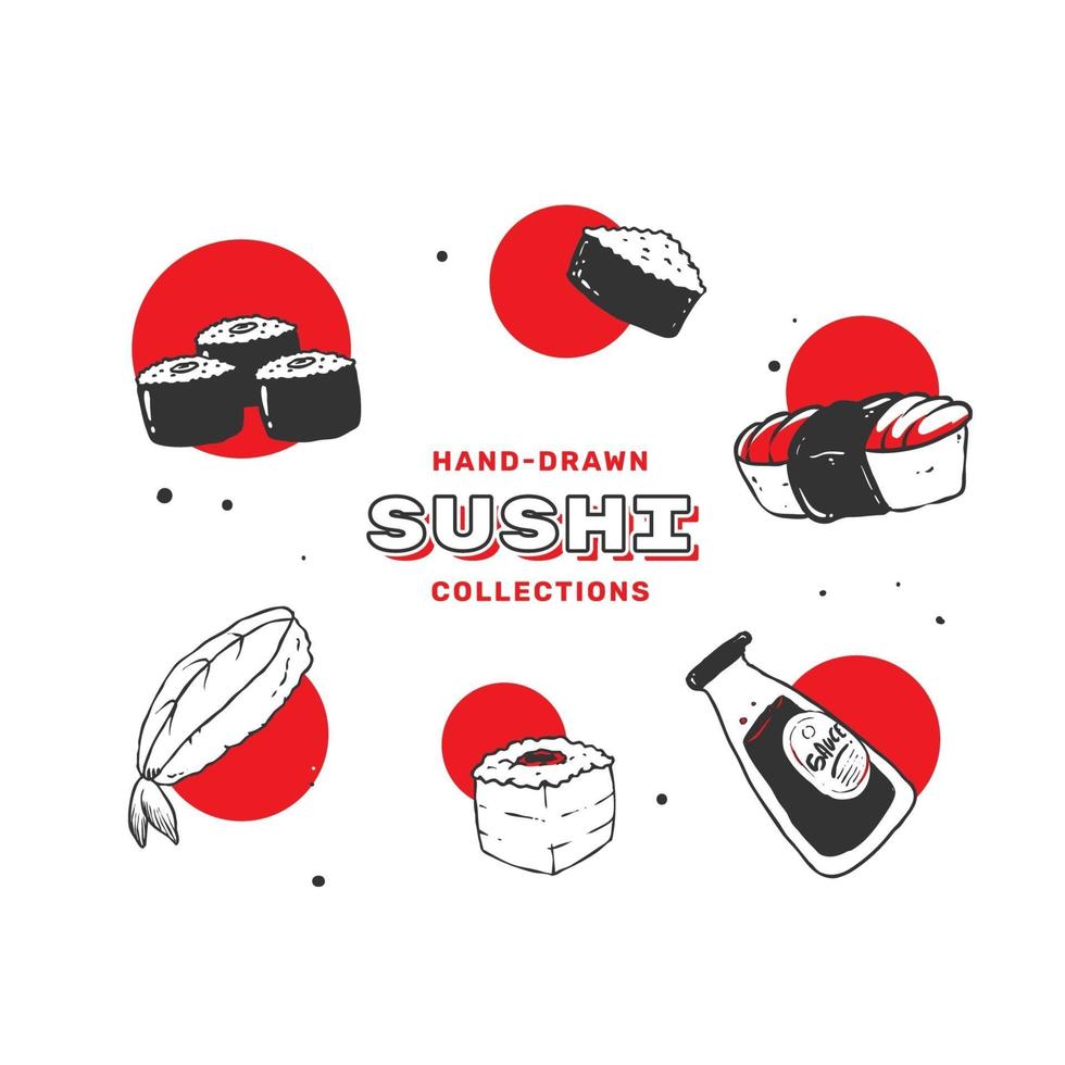 handgetekende sushi-illustratie in zwarte en rode kleur vector