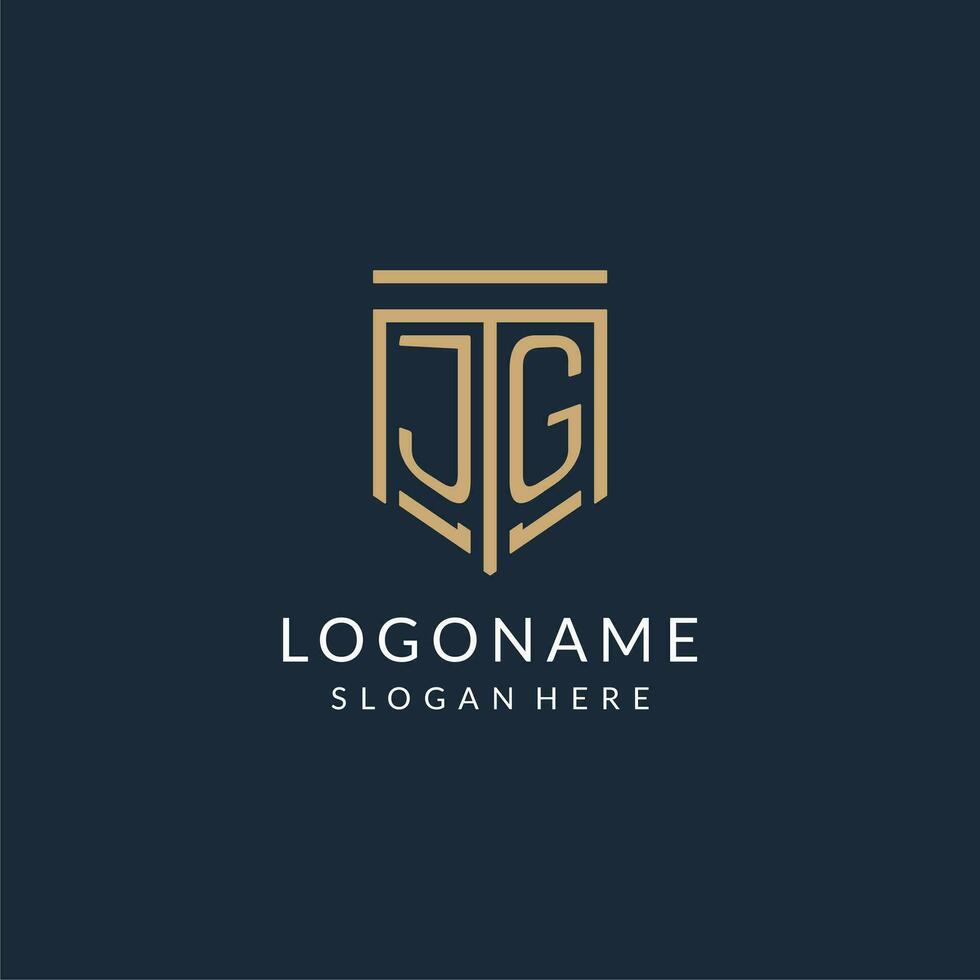 eerste jg schild logo monoline stijl, modern en luxe monogram logo ontwerp vector