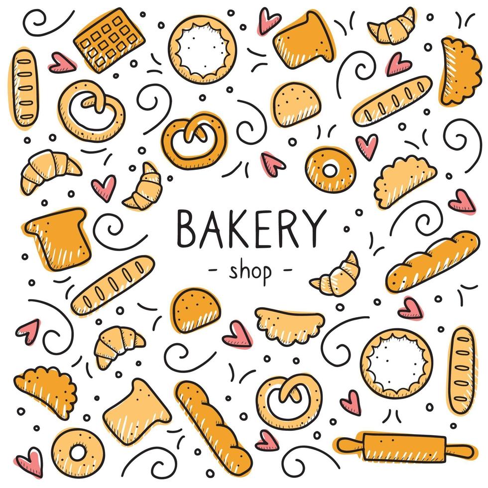 handgetekende set bakkerij- en bakelementen. vectorillustratie. vector