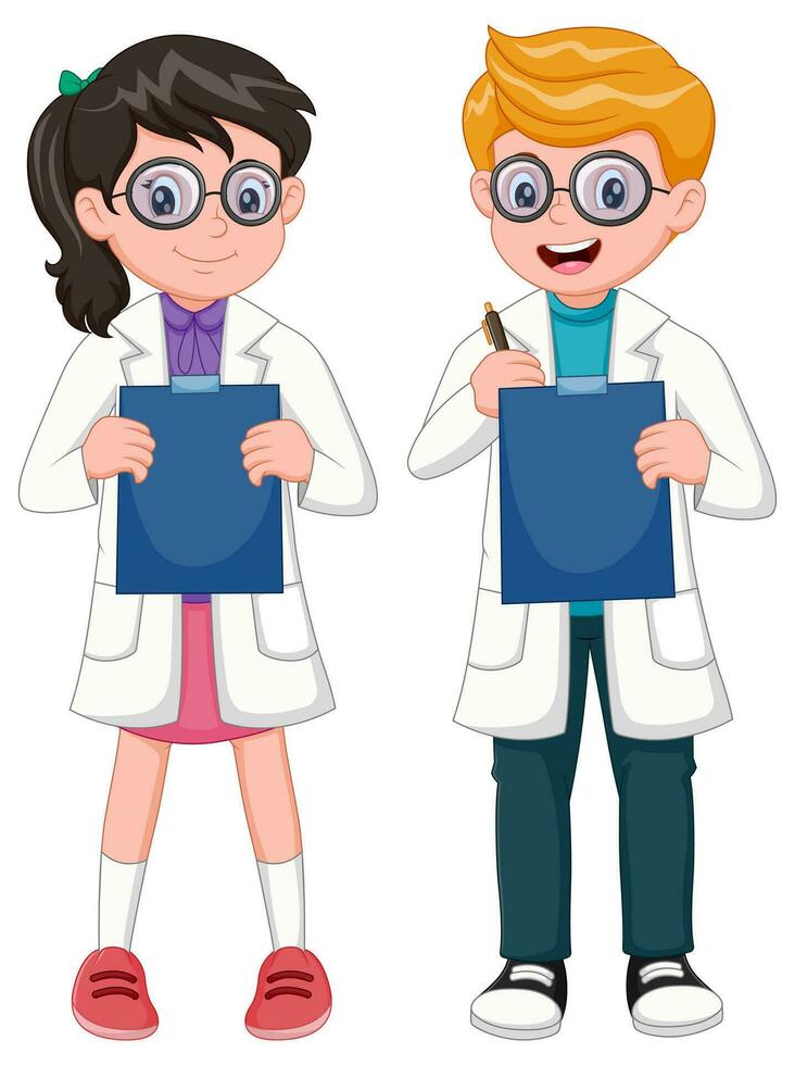 tekenfilm jongen en meisje wetenschapper Holding bord. vector illustratie