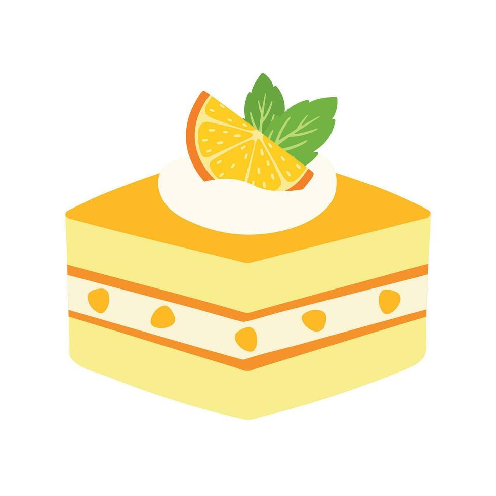 oranje kubus taart plak schattig tekenfilm zoet toetje voedsel cafe menu vector illustratie