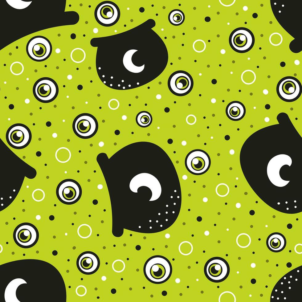 schattig halloween naadloos patroon voor kinderen met heks ketel en ogen Aan groen achtergrond vector