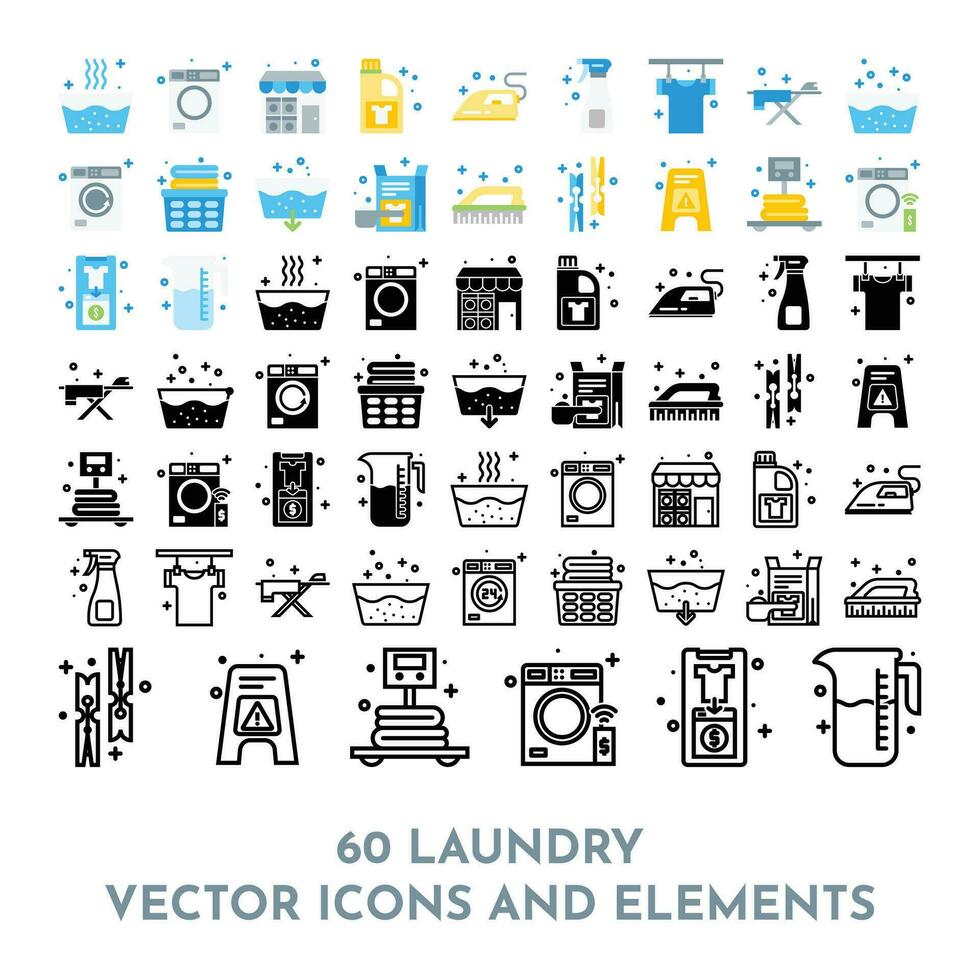 vector gekleurde het wassen pictogrammen en wasserij symbolen in vlak stijl