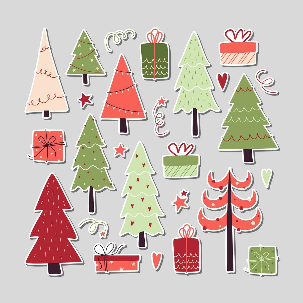 reeks van Kerstmis vector stickers met schattig bomen en geschenken.