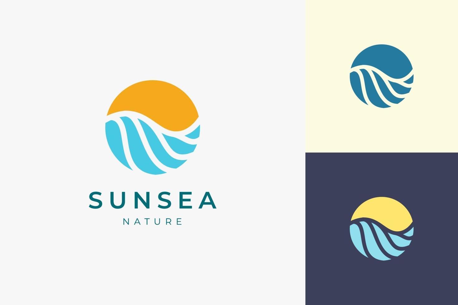oceaan met zon of surfen logo sjabloon in cirkel en abstracte vorm vector