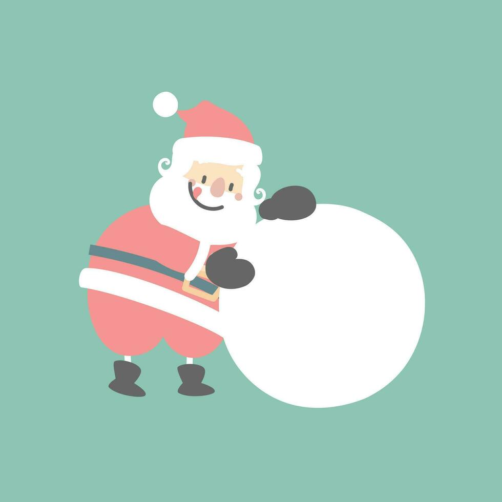 vrolijk Kerstmis en gelukkig nieuw jaar met schattig de kerstman claus maken rollend sneeuwbal in de winter seizoen groen achtergrond, vlak vector illustratie tekenfilm karakter kostuum ontwerp