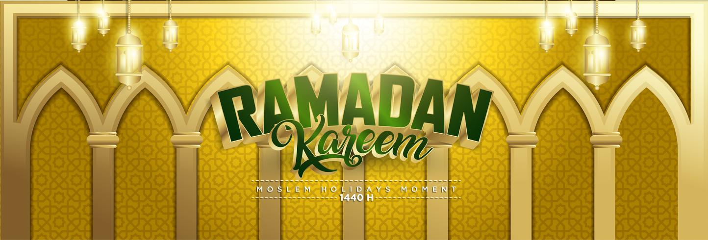 Gouden Ramadan Kareem achtergrond 1440 Hijr met Ramadan Kareem 3d beletteringstekst vector