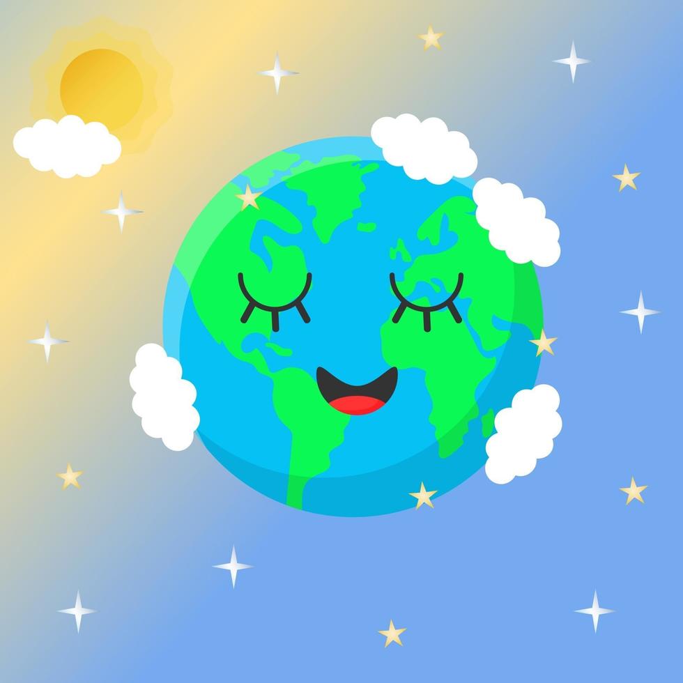 schattige cartoon blauwe planeet aarde met groene continenten en wolken. vector