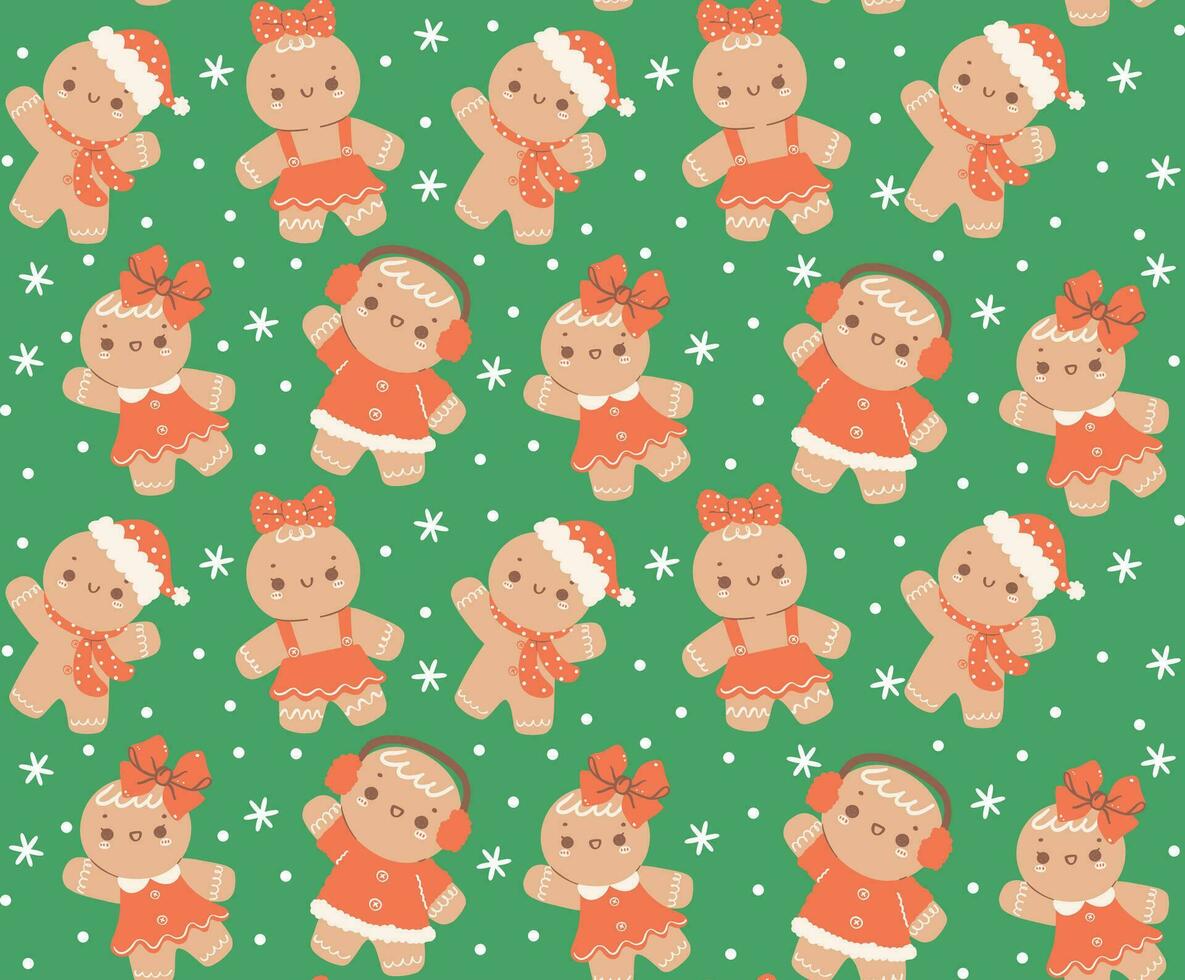 schattig feestelijk Kerstmis patroon naadloos, kawaii peperkoek koekje tekenfilm karakter, geïsoleerd Aan groen achtergrond vector