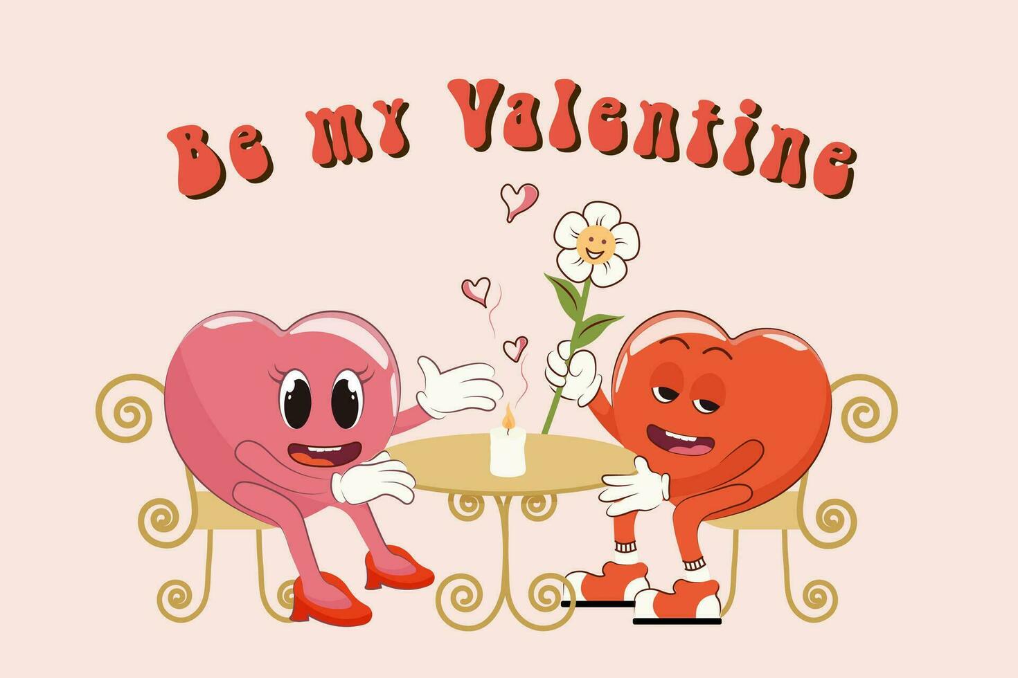 retro gelukkig Valentijnsdag dag. worden mijn minnaar. liefde hart karakter in modieus Jaren 60 jaren 70 tekenfilm stijl. vector illustratie