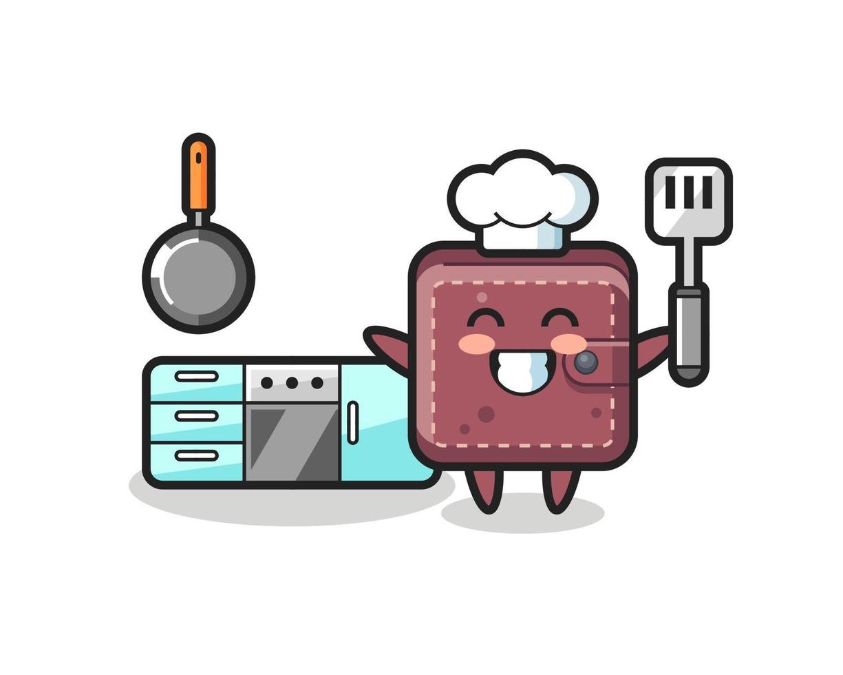 lederen portemonnee karakter illustratie als een chef-kok aan het koken is vector