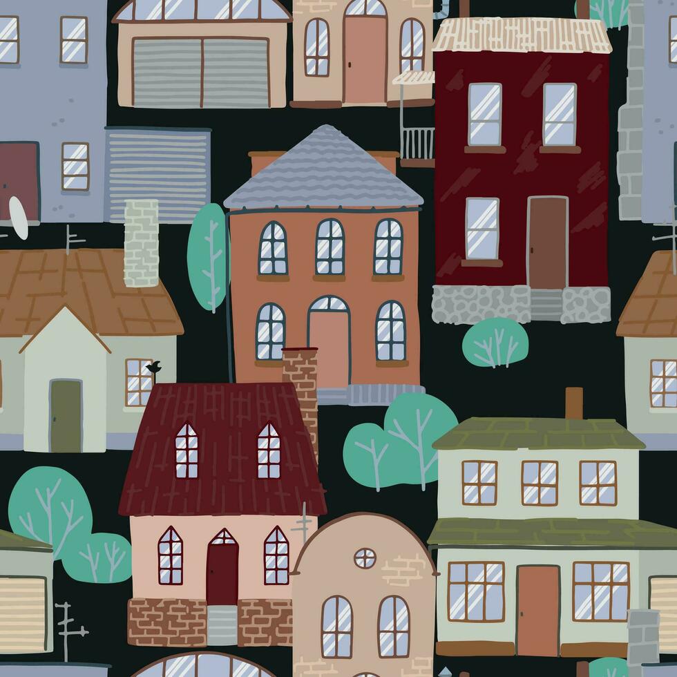 naadloos patroon van land huizen, knus stad. lief woon- gebouwen ornament. vlak vector illustratie. ontwerp voor behang, achtergrond.