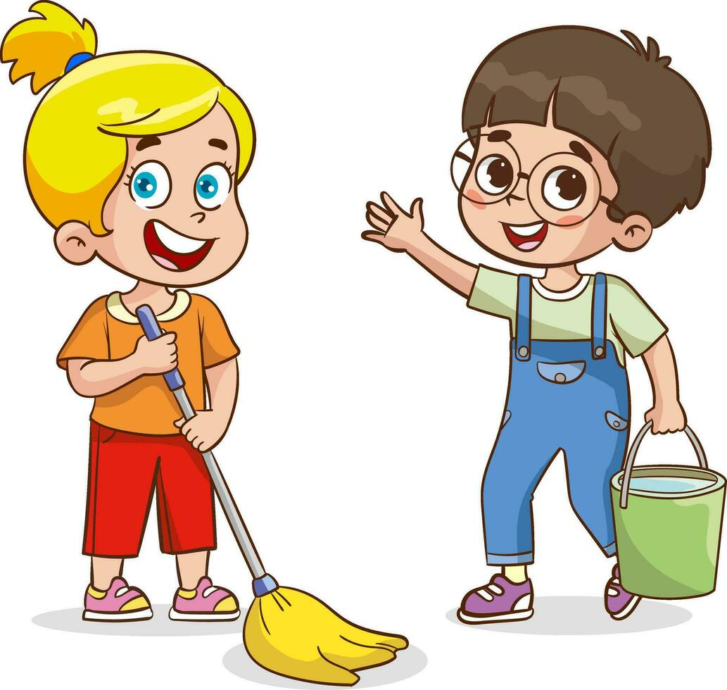 gelukkig weinig kinderen aan het doen huiswerk en schoonmaak samen vector