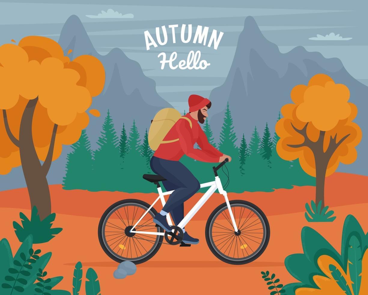 man reist per fiets in de herfst. tijd om te reizen. vector illustratie