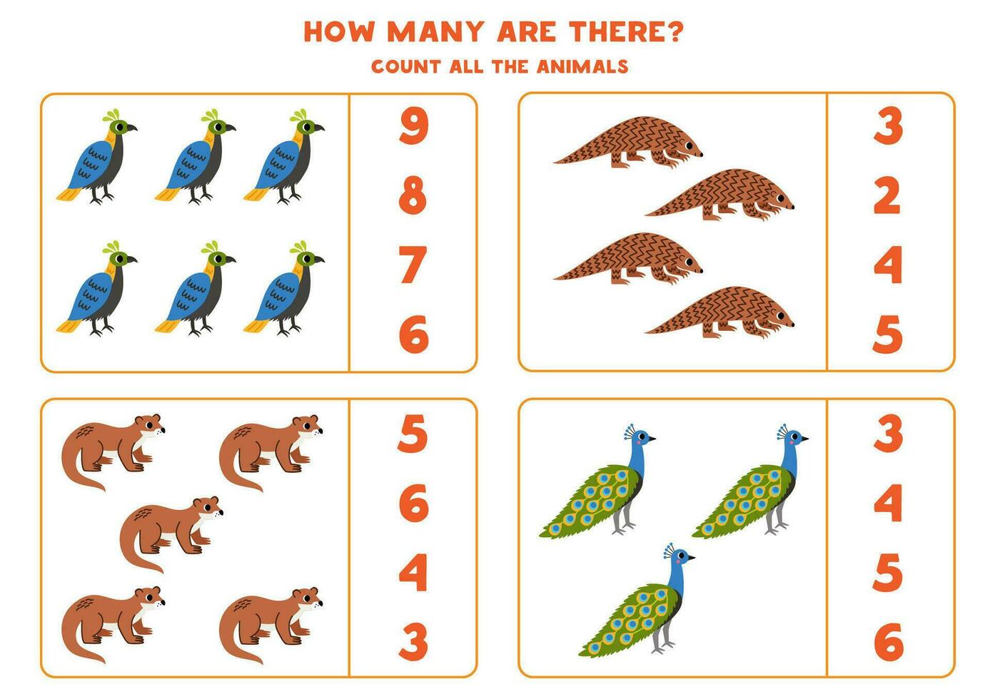 tellen allemaal Aziatisch dieren en cirkel de correct antwoorden. vector